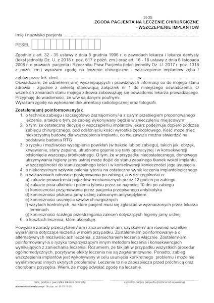 ST-35 Zgoda pacjenta na wszczepienie implantów A4a/bl.100k