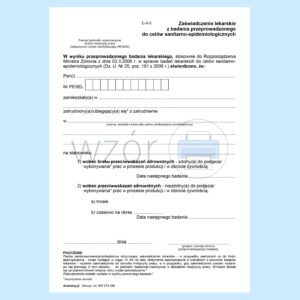 E-II-3/S Zaświadczenie lekarskie z badania przeprowadzonego do celów sanitarno – epidemiologicznych. Druki medyczne