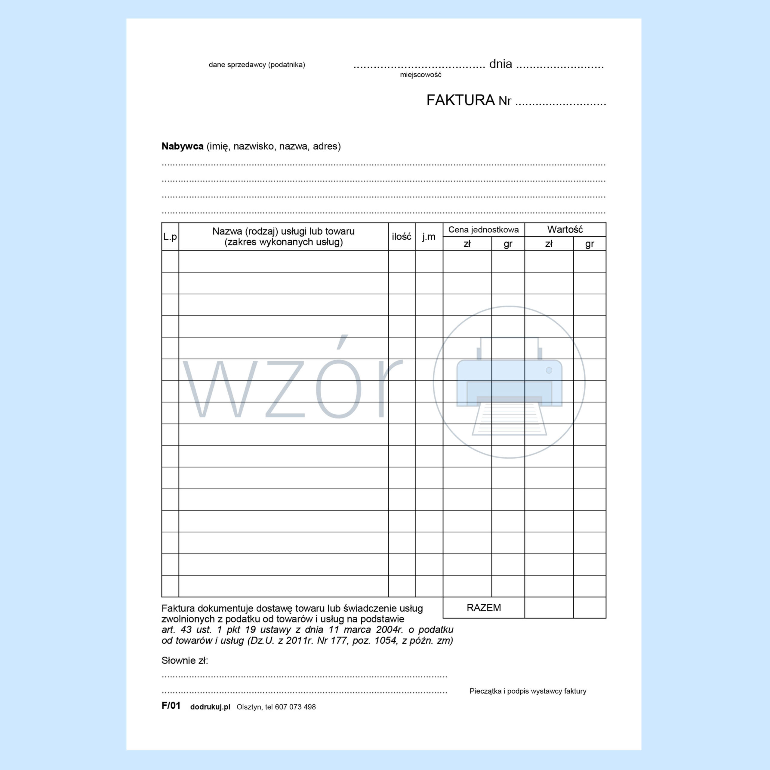 F/01 Faktura zwolniona z VAT A5a/bl.100k Samokopia