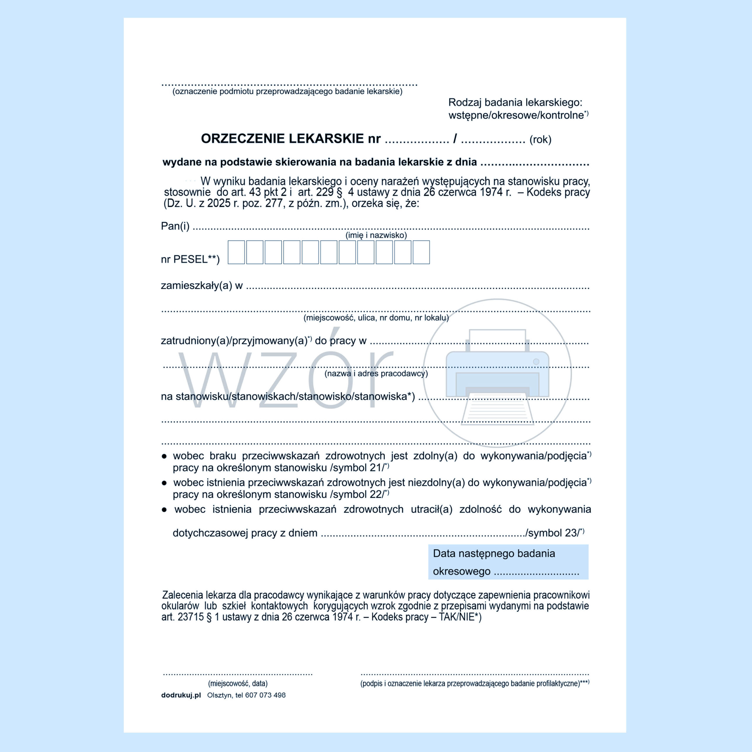 LP-25 NOWA WERSJA 2026 Orzeczenie lekarskie 2025 (Kodeks Pracy) A5c/bl.100k Samokopia