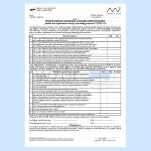 W-312 Kwestionariusz wstępnego wywiadu przesiewowego przed szczepieniem osoby dorosłej przeciw COVID-19 A4a/bl.100k
